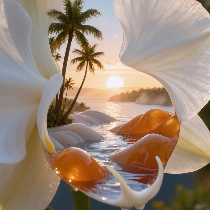 A surreal close-up of a white frangipani flower with its petals forming a frame around a tropical sunset scene featuring palm trees, calm water, and a setting sun.
