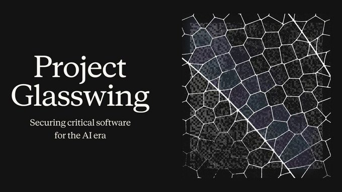 Project Glasswing logo with the tagline 'Securing critical software for the AI era' displayed against a dark background featuring a cracked glass texture.