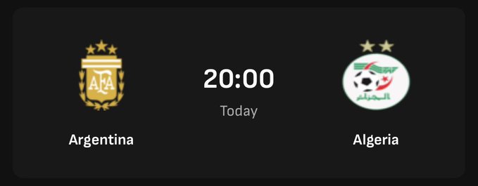 The image shows a scoreboard for an ongoing soccer match between Argentina and Algeria, with both teams having scored 20 goals each. The score is currently at 20-0, indicating that Argentina has won the game by scoring more goals than Algeria. The time displayed on the screen is 20:00, which means it's 2:00 PM in the United States.