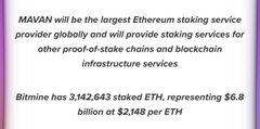 The image highlights text stating MAVAN as the largest Ethereum staking service provider globally, managing services for other proof-of-stake chains and blockchain infrastructure, alongside a note that Bitmine has 3,142,643 staked ETH (~$6.8 billion at $2,148 per ETH). This visually supports the post's claims about MAVAN's institutional staking leadership and Bitmine's significant Ethereum holdings benefiting from staking-as-a-service yields.