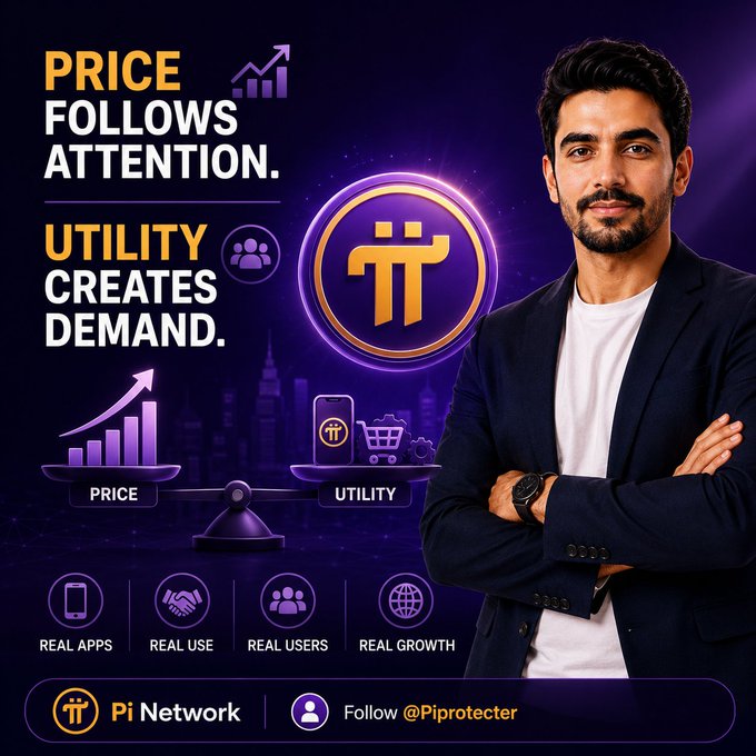 Promotional poster for Pi Network featuring a man in a navy blazer alongside messaging about price following attention and utility creating demand, with sections for Real Apps, Real Use, Real Users, and Real Growth.