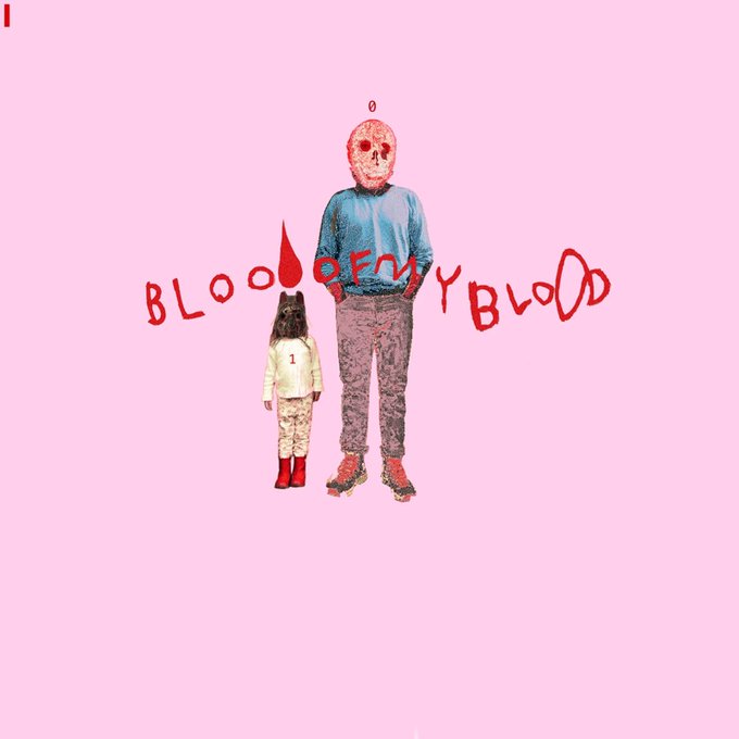 An album cover-style image on a pink background featuring a tall figure with a bloody skull head standing next to a small girl, with the title 'BLOODY BLOODY BLOOD' written in red.