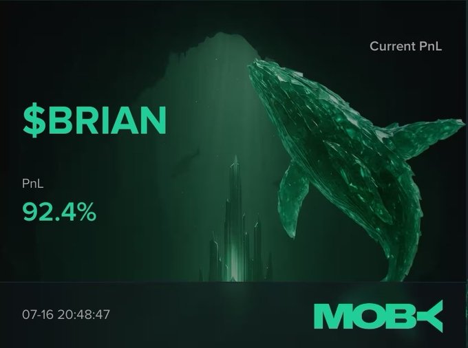 A dark digital graphic showing a green whale underwater with text "$BRIAN", "Current PnL", "PnL 92.4%", the MOBK logo, and a timestamp "07-16 20:48:47".