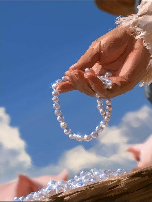 A close-up, low-angle photograph of hands holding a strand of lustrous pearls against a bright blue sky with white clouds, with more pearls visible in a basket below.