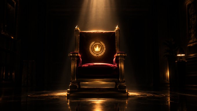 An ornate, dark throne with a golden crown emblem on its backrest sits dramatically illuminated by a spotlight in a dark, grand room.