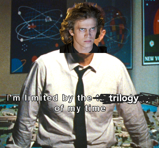 A humorous meme combining a Star Wars character body (Luke Skywalker) with a different head, set in an office, captioned 'I'm limited by the [censored] trilogy of my time'.