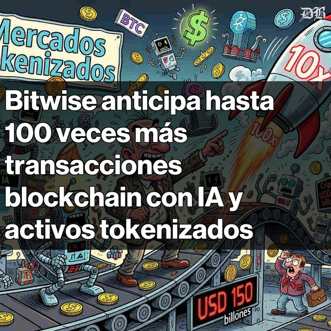 A colorful cartoon depicting a man pointing, coins, and a conveyor belt reading 'USD 150 billones,' overlaid with the Spanish text: 'Bitwise anticipa hasta 100 veces más transacciones blockchain con IA y activos tokenizados.'