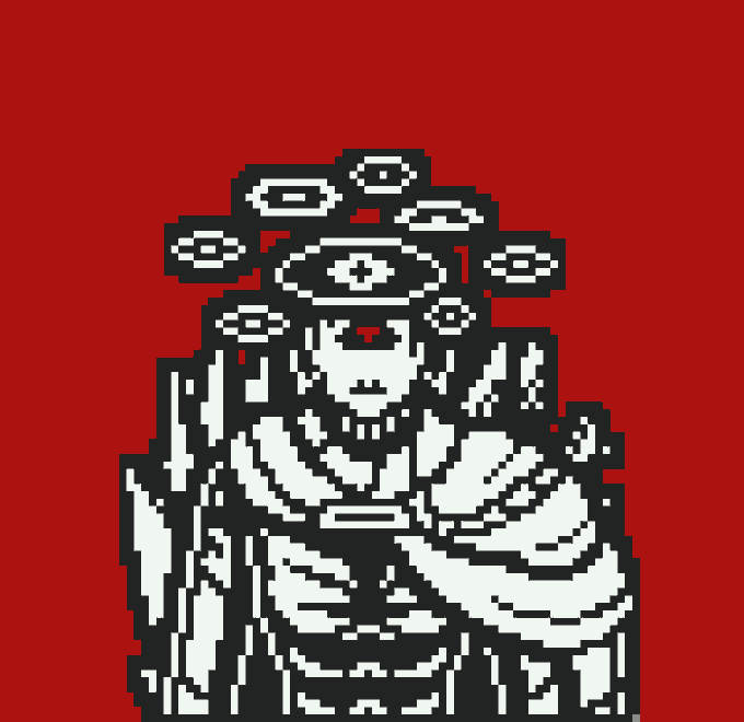 A pixel art illustration of a stern figure in ornate ceremonial attire with a large, decorated headdress rendered in black, white, and gray on a red background.