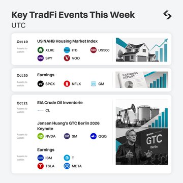 A weekly TradFi events calendar highlighting key catalysts including the US NAHB Housing Market Index on Oct. 19, earnings reports from $SPCX, $NFLX, and $GM on Oct. 20, and EIA Crude Oil Inventories, Jensen Huang's GTC Berlin 2026 Keynote, plus earnings from $IBM, $T, $TSLA, and $META on Oct. 21—all aligning with the post's callout of $SPCX, $TSLA, $META, and others as tradable names this week.
