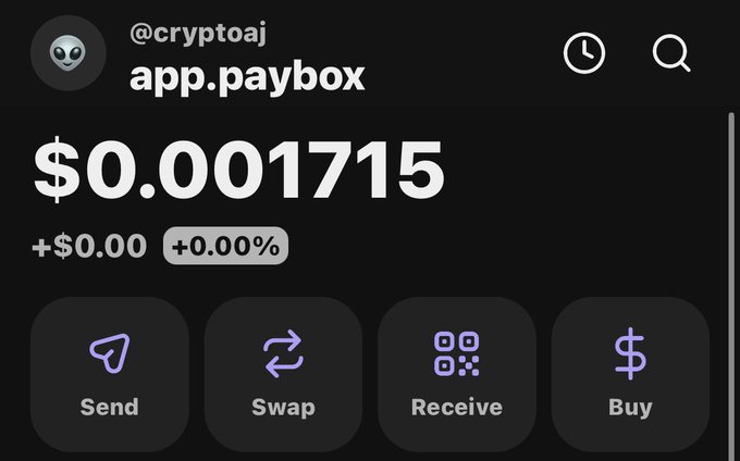 A screenshot of the app.paybox app from @cryptoaj showing a balance of $0.001715 (+0.00%), with buttons for Send, Swap, Receive, and Buy.