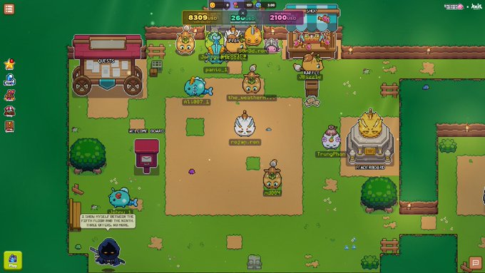 A screenshot from a 2D multiplayer online game featuring players with various avatars (pumpkins, a cat, a sheep) in a top-down farming-style setting with a 'QUESTS' cart and a bank vault.