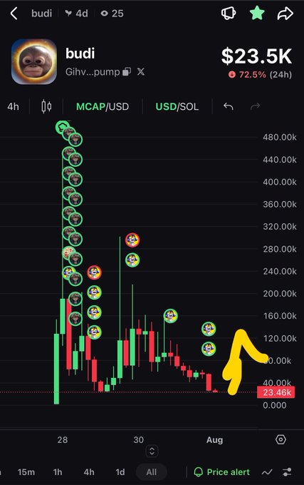 A financial chart app screenshot for the cryptocurrency token "budi" on the Solana blockchain, showing a price of $23.5K and a massive 72.5% drop in 24 hours, with a hand-drawn yellow arrow pointing to the price dip.