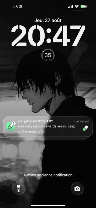 The screenshot shows an iPhone lock screen at 20:47 on August 27th, displaying a Pumpfun app notification that reads "You got paid $2281.82 - Your daily callout rewards are in. Keep up the great calls!" This visually supports the post's claim of earning over $2,200 from calling out a coin on the Pumpfun platform, serving as proof of the payday being celebrated.