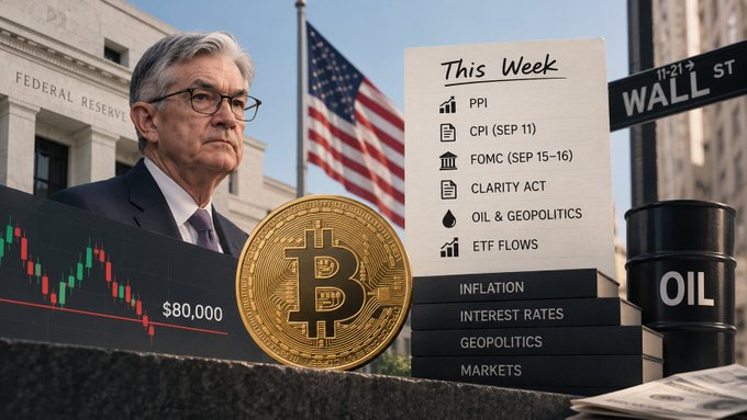 A composite image featuring Jerome Powell in front of the Federal Reserve building alongside a candlestick chart showing BTC near $80,000, a Bitcoin coin, a Wall Street sign, an oil barrel, and a "This Week" agenda listing PPI, CPI (Sep 11), FOMC (Sep 15-16), CLARITY Act, Oil & Geopolitics, and ETF Flows as key topics. The visual reinforces the post's message that crypto markets are influenced by a complex web of macroeconomic, regulatory, and geopolitical factors beyond just BTC price action, with pivotal events like the FOMC meeting and CLARITY Act on the horizon.