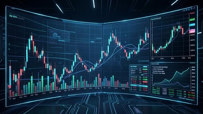 A futuristic trading dashboard with multiple curved screens displaying financial candlestick charts, line graphs, and market data in red and green.