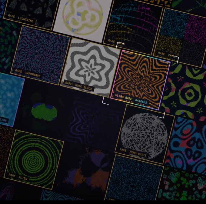 Grid display of rare digital collectible art pieces such as 'RARE LIGHTNING', 'RARE VAPORWAVE', 'RARE MONO BLACK', 'ULTRA RARE SATOSHI', and 'RARE MONO WHITE'.