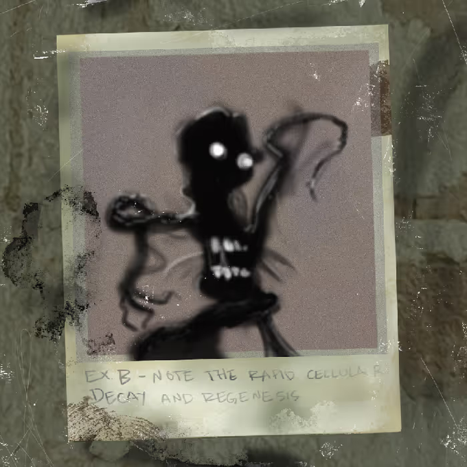The image shows a stylized Polaroid-style artwork featuring a dark, ghostly skeletal figure with glowing white eyes, wispy appendages, and a jagged toothy grin against a muted purple background. Handwritten text at the bottom reads "EX B - NOTE THE RAPID CELLULAR DECAY AND REGENESIS," giving it a spooky scientific specimen aesthetic that complements the post's NFT collection reveal on OpenSea.