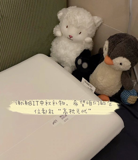 Three plush toys (a white sheep, a black cat, and a penguin) arranged behind a white box with Chinese text referencing 'BIT' Mid-Autumn Festival gifts.