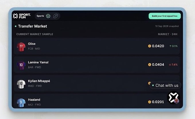 A sports trading app called Sport.Fun displays a Transfer Market snapshot dated 10 Sep 2026, listing football players Olise (FCB, 0.0420), Lamine Yamal (BAR, 0.0404), Kylian Mbappé (RMD), and Haaland (MCI, 0.0201) with 24-hour price changes.