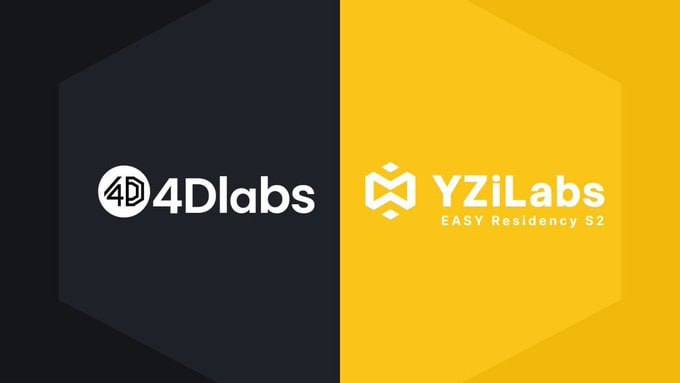 A graphic displays two logos side by side: "4Dlabs" in white on a black background and "YZiLabs - EASY Residency S2" on a yellow background.