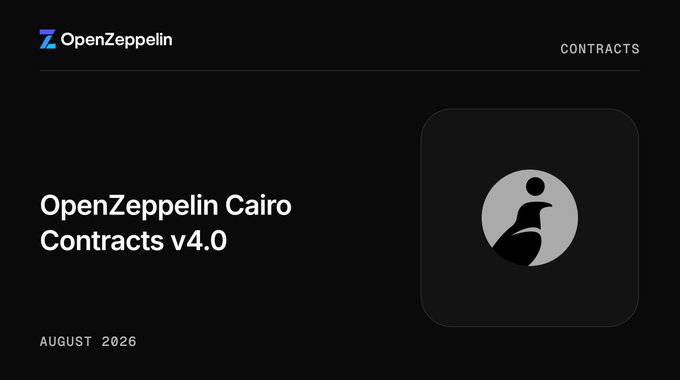 A dark promotional card for 'OpenZeppelin Cairo Contracts v4.0' dated August 2026, labeled 'CONTRACTS' with the OpenZeppelin logo.