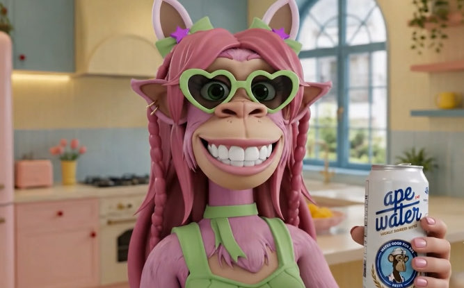 A 3D-rendered pink monkey-like character with heart-shaped green sunglasses and star hair clips, holding a can of 'ape water' in a pastel kitchen setting.
