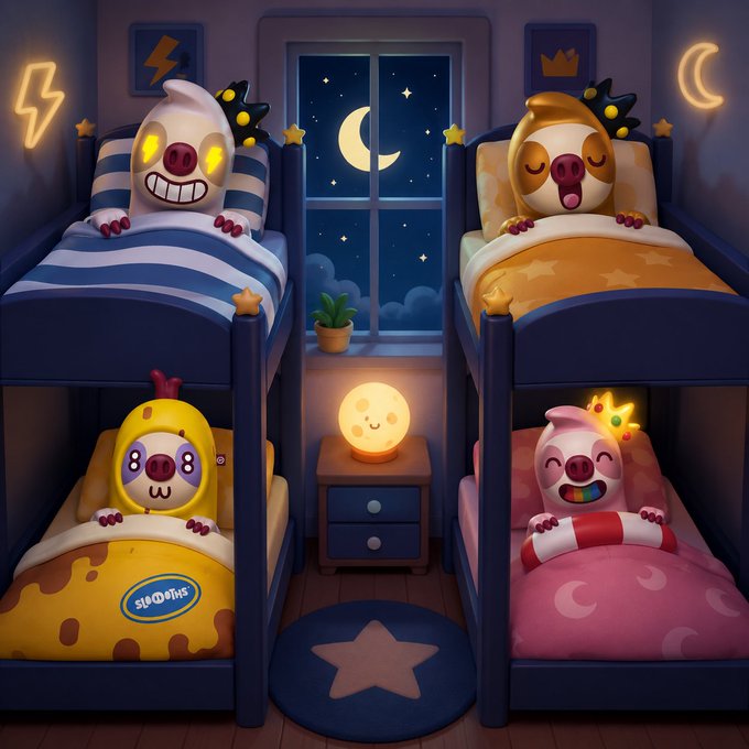 A cozy children's bedroom with two sets of bunk beds, where four adorable creatures (resembling pigs or mascots in pajamas) are tucked in sleeping, illuminated by a smiling moon lamp and a view of a crescent moon through the window.