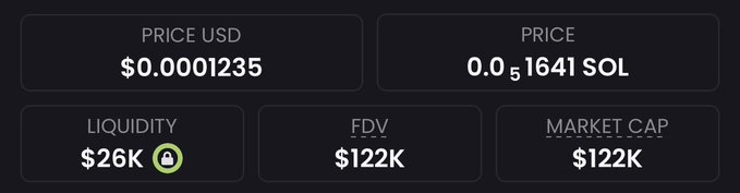 A dashboard displays a token priced at $0.0001235 (0.000051641 SOL) with only $26K liquidity and a $122K market cap/FDV—extreme micro-cap metrics that the caption "The next 100x is right in front of you" frames as an early-stage opportunity to multiply gains.