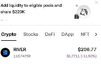 A crypto app interface shows the RIVER token at $206.77, down 11.53% ($1.7711), with a promo banner offering $220K for adding liquidity to eligible pools.