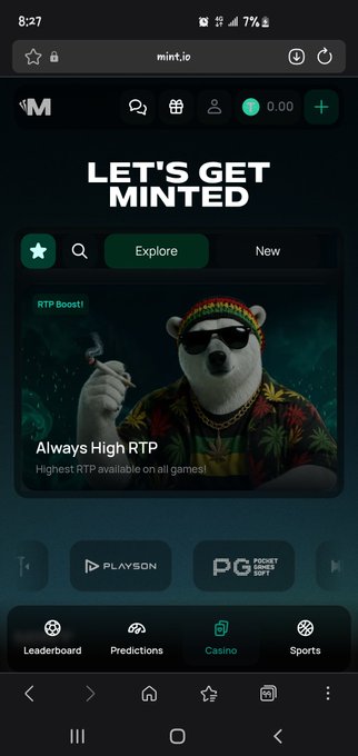 A screenshot of the mint.io homepage showing the "LET'S GET MINTED" banner and an "Always High RTP" promotion featuring a panda in sunglasses with a cigar, alongside navigation options for Leaderboard, Predictions, Casino, and Sports, complementing the announcement of MINT's new contribution leaderboard campaign.