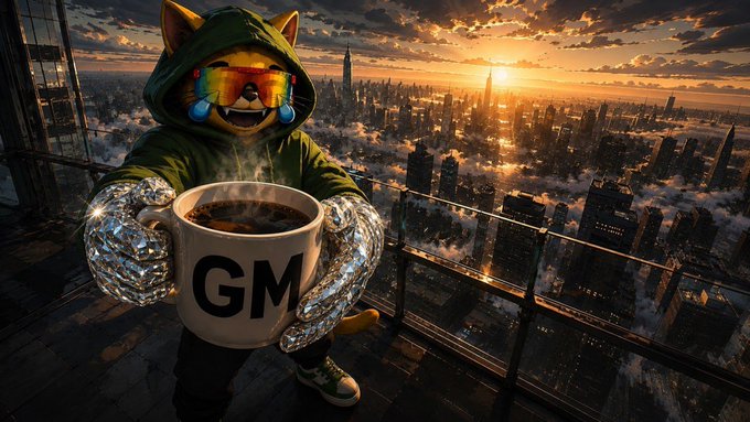 A stylized, surreal digital artwork showing an anthropomorphic Shiba Inu wearing a green hooded jacket and sunglasses, with reflective metallic hands holding a steaming coffee mug labeled "GM," set against a sunset-lit city skyline.