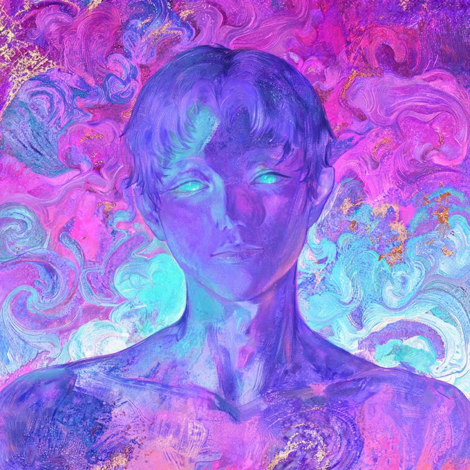A digital painting portrays a purple and blue humanoid figure with glowing eyes set against a swirling background of pink, purple, and turquoise hues accented with gold.