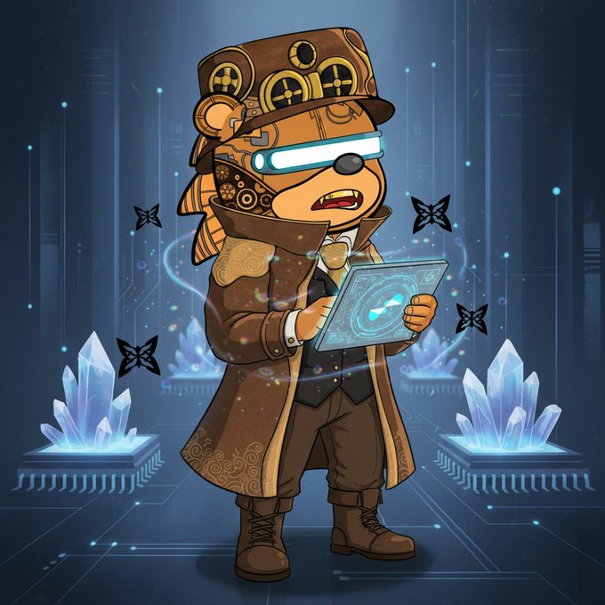 We need to write a concise 1-2 sentence caption describing what is in the image, including any key text, numbers, tickers, or names visible. Then note how the image relates to the accompanying post.

The image: cartoon character steampunk scientist with goggles, holding a tablet with glowing symbol. Background has crystals on circuit boards, butterflies, digital lines. No visible text in image (maybe on hat?). The hat has mechanical details, but no clear text. The tablet shows a symbol, maybe a stylized "Q" or something, but not clear text. So we need to mention any visible text; there is none except perhaps the caption itself.

The post text is about testing "quip testnet", hardware handling node load, power draw lower, proof of useful work with quantum. So the image relates as a visual metaphor for a tech-savvy, steampunk scientist testing something (the node), using advanced hardware (the crystal chips). So