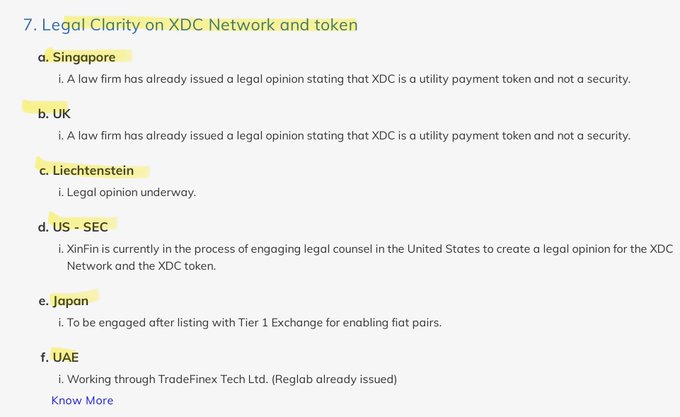 The image shows a document titled "Legal clarity on XDC Network and taken" with yellow text, which appears to be a list of legal terms related to the XDC network. The document also includes information about the XDC network's global reach across various jurisdictions.