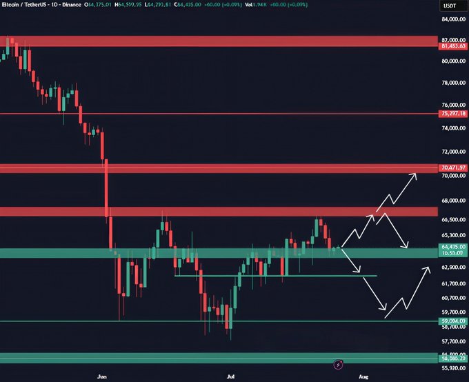 A Bitcoin/TetherUS daily candlestick chart on Binance showing price action with red resistance zones and green support zones marked, with arrows indicating potential future price movements.