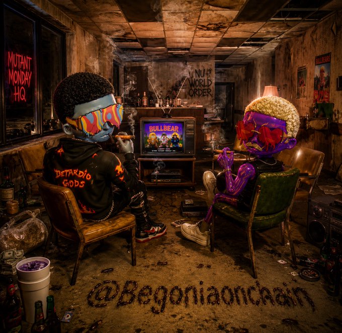 Two stylized 3D cartoon characters sit in a grungy, dimly lit room watching TV; one wears a black hoodie reading 'DETARDIO GODS' with colorful sunglasses, and text on the wall reads 'MUTANT MONDAY HQ' and 'A NEW WORLD ORDER', with '@BegoniaOnChain' written on the floor.