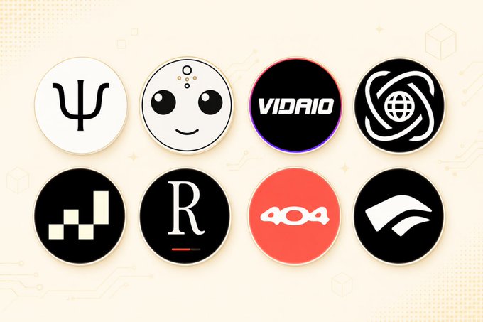 A grid of eight circular crypto/Web3 project logos including what appears to be Psy, a panda character, Vidrio, and other token icons on a beige circuit-pattern background.