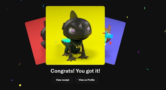 A digital collectible reveal screen showing 'Congrats! You got it!' for a dark, stitched zombie-like ape figure with purple eyes on a yellow card, with buttons for 'View receipt' and 'View on Profile'.