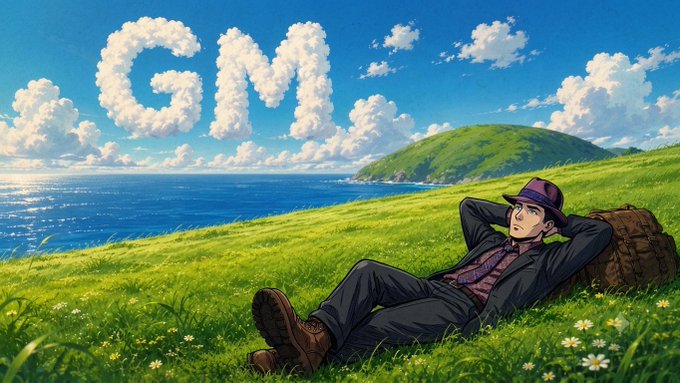 An anime-style illustration shows a man in a dark suit and fedora lounging on a grassy cliff overlooking the ocean, with the letters "GM" spelled out in clouds in the bright blue sky above him. The relaxed pose and "Good Morning" cloud lettering visually reinforce the weekend greeting, evoking a laid-back start to the day.