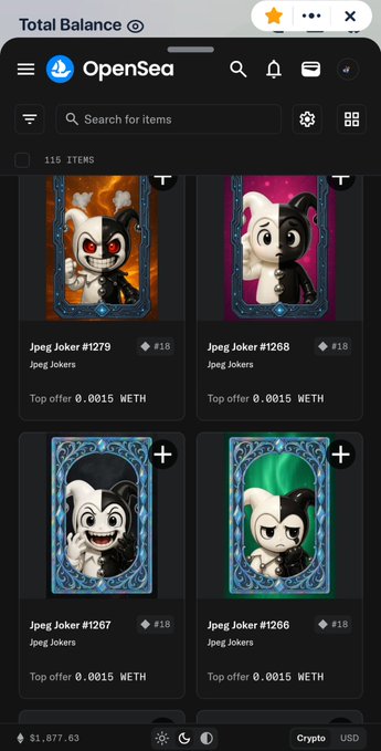OpenSea NFT marketplace interface showing 115 items from the "Jpeg Jokers" collection, with token IDs #1276, #1268, #1267, and #1266 priced at top offers of 0.0015 WETH each.