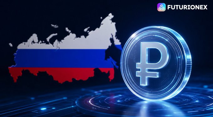 The image features a 3D-rendered digital ruble coin with the Russian ruble symbol (₽) prominently displayed, set against a glowing technological background alongside a map of Russia filled with the Russian tricolor flag, while the "FUTURIONEX" logo appears in the top right corner—visually reinforcing the announcement of Russia's digital ruble launch in September.
