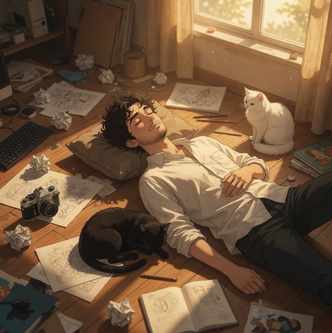 The image features a man lying down with two cats - one black cat and one white cat - resting beside him. The scene takes place in front of a window that allows natural light into the room, creating an atmosphere of relaxation and tranquility. A book is also visible on the floor next to the man and his feline companions.