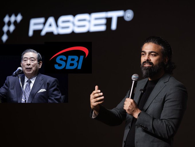 The image features the "FASSET" logo alongside an "SBI" logo, with Yoshitaka Kitao (SBI Group) in an inset photo and a bearded man speaking into a microphone, visually supporting the announcement of SBI leading a $68M round for the AI-powered stablecoin banking platform Fasset.