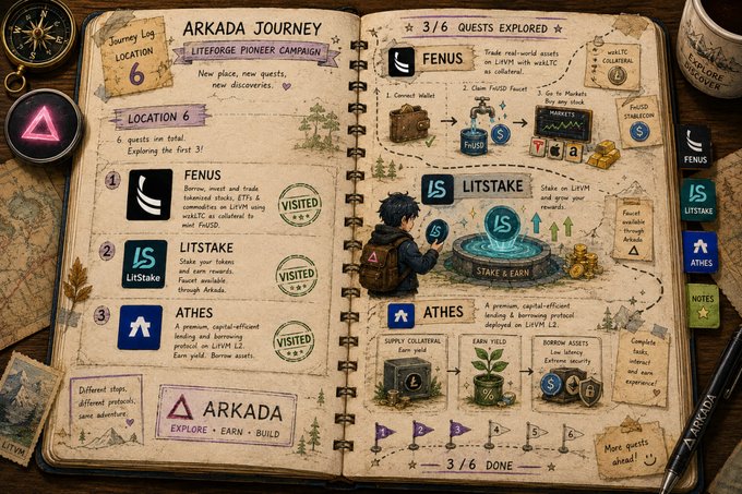 An open illustrated journal styled as an 'ARKADA JOURNEY' travel log documenting a 'LITEFORGE PIONEER CAMPAIGN' with sections on FENUS, LITSTAKE, and ATHES marked as 'VISITED', showing 3/6 quests explored.
