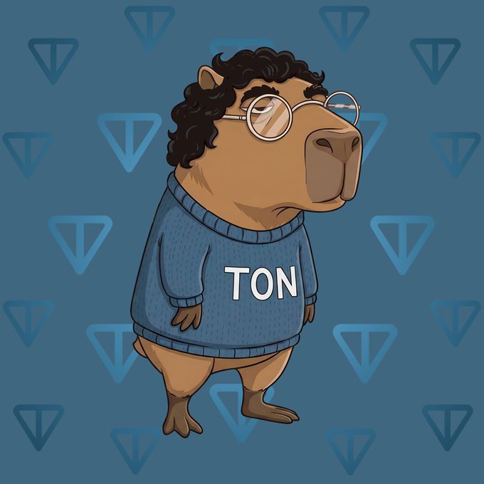 A cartoon illustration of a capybara wearing glasses and a blue sweater with 'TON' written on it, set against a background patterned with TON (The Open Network) logos.
