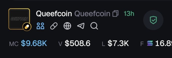 The image shows a cryptocurrency listing for "Queefcoin" (which appears twice as the username) with a market cap of $9.68K, volume of $508.6, and liquidity of $7.3K, posted 13 hours ago. The display supports the accompanying post promoting the memecoin $queefcoin by displaying its key trading metrics on what appears to be a token tracker platform.