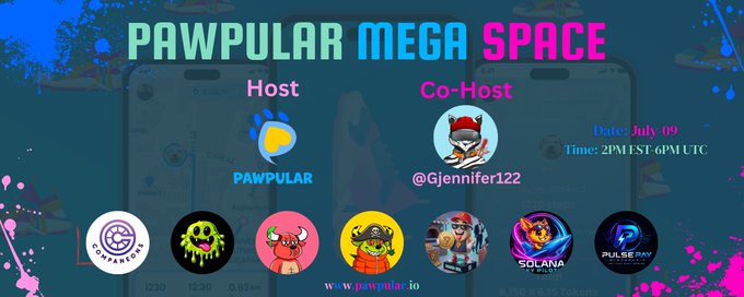 Promotional graphic for "PawPular Mega Space #49" hosted by PAWPULAR with co-host @Gjennifer122, scheduled for July 09 at 2PM EST / 6PM UTC, featuring partner logos including Topwarrior, Solana, and Pulseway alongside the tagline "Community Connections + GIVEAWAYS!" at pawpular.io.