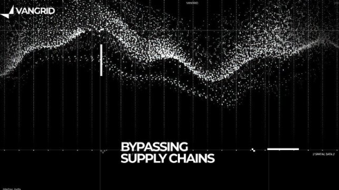 A digital artwork or visualization titled 'BYPASSING SUPPLY CHAINS' from 'VANGRID' shows a wave-like pattern of white dots against a black background.