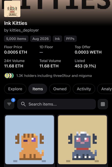 The image shows an NFT collection page for "Ink Kitties" with 5,000 items, featuring a floor price of 0.0005 ETH and total volume of 11.68 ETH. The page displays two pixelated cat characters against light blue and yellow backgrounds, suggesting the low ETH floor price still translates to relatively high USD values as referenced in the caption about pricing crossing the $2 and approaching $5 thresholds.