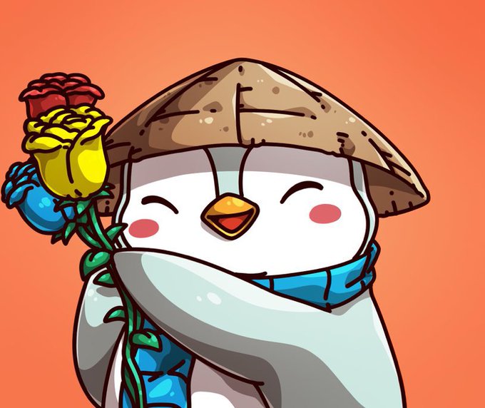 Cartoon illustration of a cute penguin character wearing a traditional Asian conical hat and blue scarf, holding colorful roses on an orange background.
